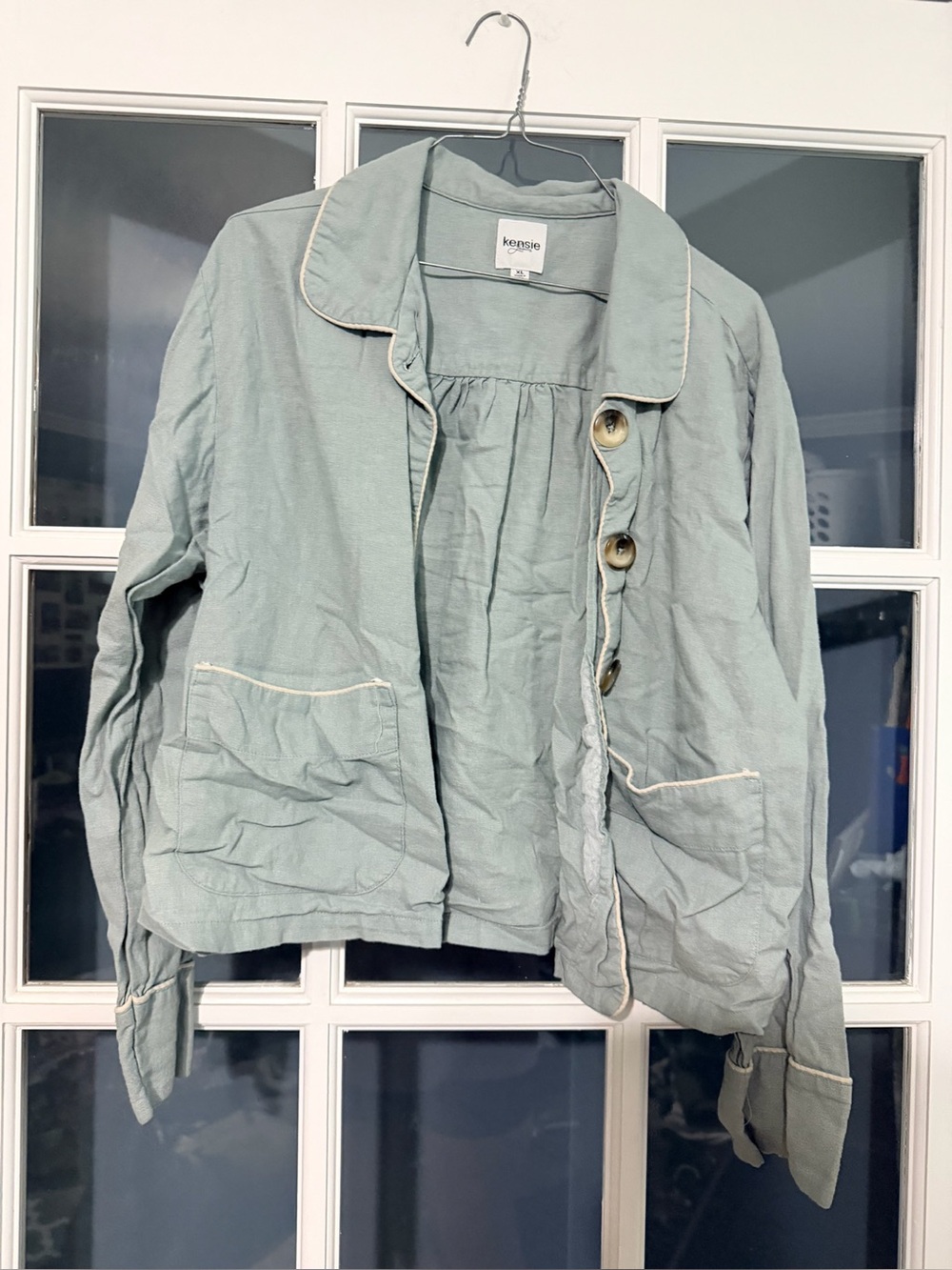 kensie Sage Green Button-Front Jacket with Contrast Piping